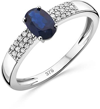 OROVI Schmuck Damen 0.10 Ct Diamant Verlobungsring Weißgold mit Edelstein/Geburtsstein natürlicher ovaler blauer Saphir und 26 Diamanten Brillanten in 2 Reihen Ring aus 9 Karat (375) Gold