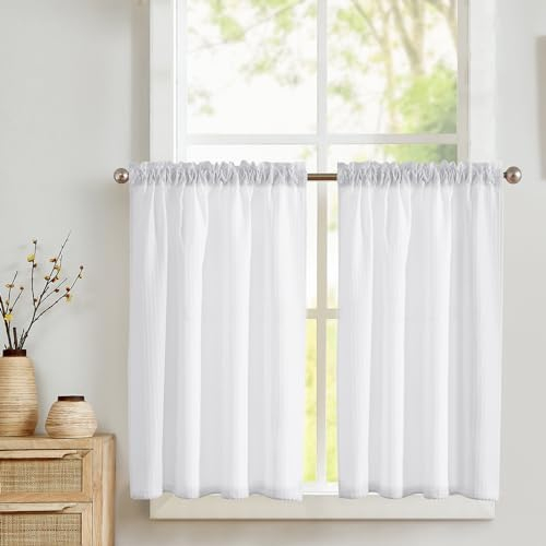 TOPICK Blickdicht Scheibengardinen Küche Weiß Bistrogardine mit Tunnelzug Gardinen Kurz mit Waffel Muster Halbtransparente Küchengardinen für Kleine Fenster Wohnmobil Landhaus 2er Set 90Bx115H cm