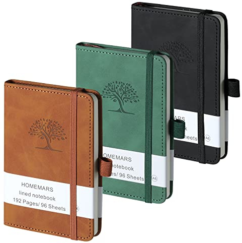 HOMEMARS Notizbuch A6, 3 Stück Notizbücher Set, 14.4cm x 9.6cm Notizblock, Braun, Grün, Schwarz, 192 Seiten, Notizheft, Notizblock a6, Journal, Reisetagebuch, Notizbuch Leder, Prägebaum Design