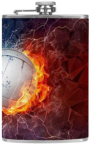 Flachmann mit Trichter, personalisierte Flaschen,Volleyball, Wasser und Feuer,Tragbarer kleiner Krug aus Edelstahl für Spirituosen