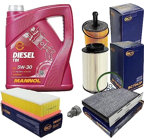 Inspektionspaket Wartungspaket Filterset mit 5 L Motoröl Diesel TDI 5W-30, Ölfilter, Luftfilter, Kraftstofffilter, Innenraumfilter (Aktivkohle), Verschlussschraube