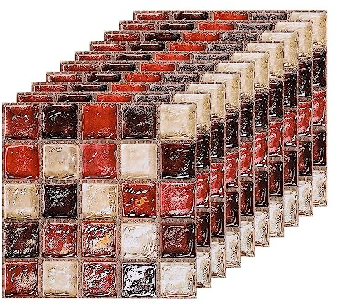 sourcing map Fliesenaufkleber 3D Kristall Rot & Schwarz 10x10cm 25Stk | Klebefolie Wandfliesen Bodenfliesen für Küche Bad Badezimmer Dekor Tapete Kratzfest Leicht zu reinigen Mieterfreundlich DIY