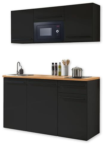 Stella Trading Jazz Moderna electrodomésticos en Negro Mate, Aspecto de Roble Lanzelot-Amplia Cocina Equipada con Mucho Espacio de Almacenamiento, Madera de ingeniería, 160 x 212 x 60 cm