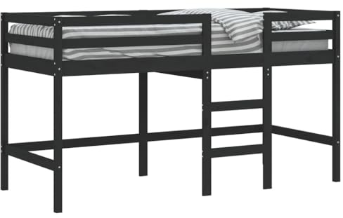 vidaXL Kinderhochbett, Hochbett mit Leiter Rausfallschutz, Spielbett Bett für Kinder ab 6 Jahren, Kinderbett Etagenbett Stockbett, Schwarz 90x200cm Massivholz Kiefer