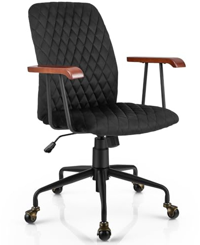 GIANTEX Silla de Oficina Retro de Terciopelo Ajustable en Altura con Ruedas, Silla de Oficina Ergonómica con Asiento Acolchado y Apoyabrazos de Madera de Goma, Estilo Vintage, Carga 150 kg (Negro)