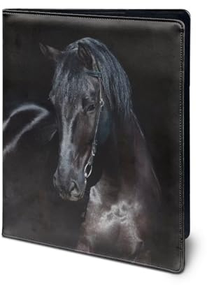 COEQINE Schwarzes Pferd Tier 3D Druck Leder Portfolio, Ordner für Aufbewahrung Visitenkarten Tasche und mehrere Taschen und Fach halten Dokumente Business