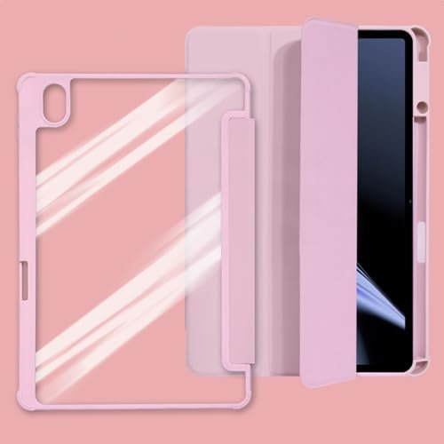 Heavy Duty Case Tri-Fold Smart Tablet Case Compatible with Oppo Pad 2 12.1,with Pencil Holder, Clear Transparent Back Shell Slim Stand Shockproof TPU Cover, Auto Wake/Sleep (Color : Pink)