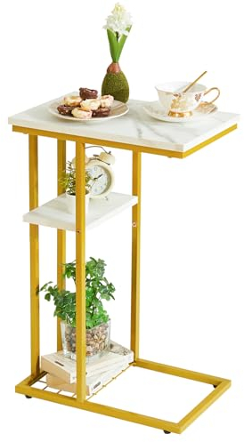 YMYNY Table d’appoint Basse, Bout de Canapé, Forme C à 2 Étages, Rangement, Structure en Métal, pour Salon, Chambre, Balcon, Bureau, 40 x 26 x 61.5 CM, Marbre Blanc et Or HST004W