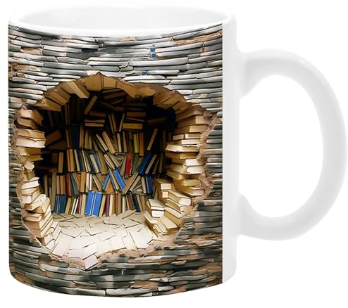 UQOOQFA Bücherregal-Tasse: 325 ml, 2D-Bücherregale, Loch in einer Wand, Tasse, Buchliebhaber, Kaffeetasse mit kreativem Design, Premium-Keramik, Geschenk für Männer und Frauen, für den Innenbereich,