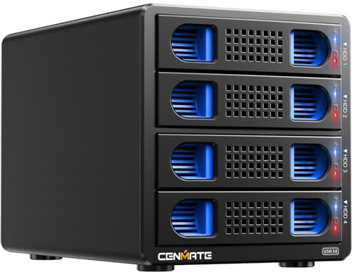 CENMATE 4 Bay Hard Drive RAID Enclosure with Cooling Fan for 2.5/3.5 SATA HDD/SSD with USB A/C 3.0+eSATA Cable, 3.5 Hard Drive Reader Supports 72TB Capacity, 8 RAID Modes, DAS(NO NAS)