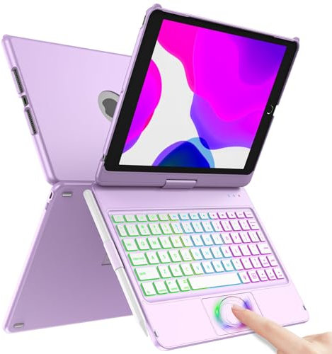 KARFUN Keyboard Case For iPad 9 Generation 10.2'' 2021,360 Degree Flip Slim Hard Case with Wireless Bluetooth Keyboard and Auto Sleep function with 7 backlight modes for iPad 9/8/7 Gen (Purple)