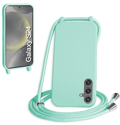 WenBaby Funda con Cuerda para Samsung Galaxy S24, Líquida Silicona Carcasa con Cordón Ajustable Collar Correa de Cuello, Cubierta Prueba Golpes con Microfibra Forro (Verde Menta)