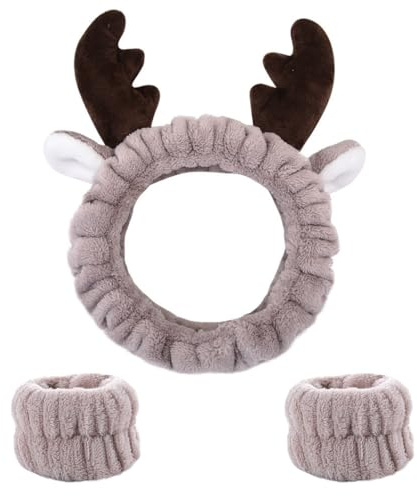 Stirnband Armband Sets Haarband Schminken Geweihe Braun Gesicht | Haarbänder Spa Stirnband Weiches Elastisches Haarband Handgelenk, für Mädchen Gesicht Waschen, Make-up, Dusche