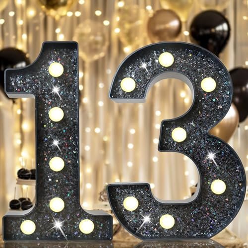 Glitzernde LED Zahlen Lampe Nummer Beleuchtete Ziffern für 13. Geburtstagsparty Jubiläum Hochzeit Hintergrund, Zahlen Lichter Batteriebetrieben Zuhause Bar Wand Tisch Dekor– Schwarze Zahl 13