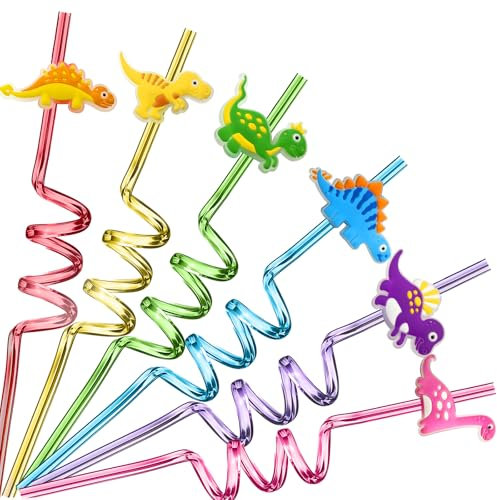 12 Stück Strohhalme Wiederverwendbar, Dinosaurier Kinder Plastikstrohhalme, Plastik Strohhalme Trinkhalme mit 2 ReinigungsbüRsten für Cocktail, Kindergeburtstagsparty, Weihnachten