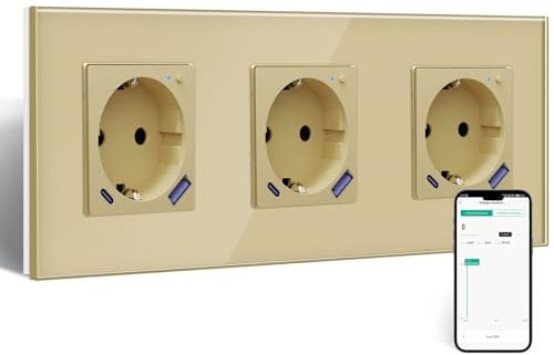 BSEED WLAN Schuko Steckdose mit USB C 20W Schnellladegerät,Smart Steckdose Unterputz mit Strommessung,Arbeit mit Alexa/Google Home,Stromzähler für Mehrfachsteckdose mit Smart Life App,3 Fach Gold