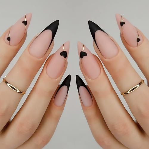 Hebterrka Lot de 24 faux ongles courts et moyens en forme d'amande - Design cœur noir mat - En acrylique - Avec colle - Couverture complète - Pour femmes et filles