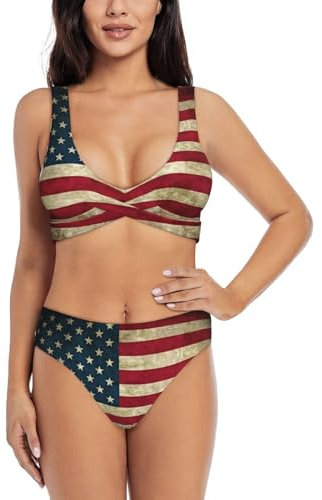Ensemble bikini drapeau américain pour femme – Maillot de bain 2 pièces taille haute de qualité supérieure pour femme 2024 avec contrôle du ventre, noir, Taille S