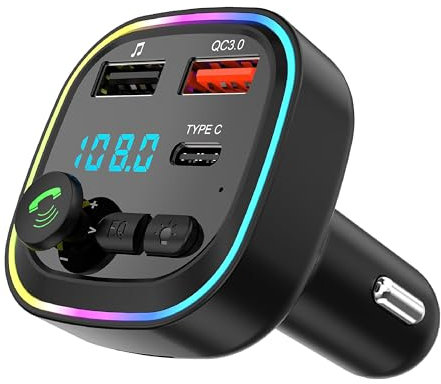 GreenVacShop Trasmettitore FM Bluetooth 5.3 per Auto, Adattatore Audio Radio, QC3.0 Wireless Kit MP3, 2 porte USB e 1 Type-c, Chiamata Vivavoce, Supporta USB/TF/micro SD