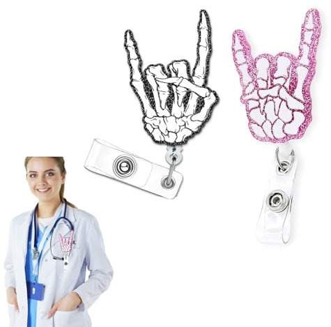 Skelett-Abzeichenspule, einziehbar, Radiologie, Röntgenabzeichen, Halloween, Abzeichenspule für Krankenpfleger, Arzt, Krankenhauspersonal (Schwarz, Rosa), 2 Stück