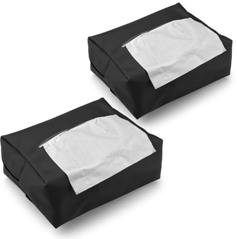 Huakaile 2 Pack Car Tissue Holder, PU Leather Car Tissue Box with Elastic Band & Buckle, Large Rectangle Sun Visor Napkin Holder Dispenser Case for Paper Storage Headrest Armrest (Black)