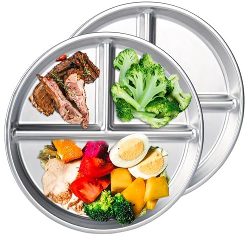 YYTECH 2 Stück Edelstahl Kinderteller, 23cm Portionskontrollteller mit 3 Fächern, Edelstahl Unterteilte Teller Kinder, Bariatrischer Teller, Camping Metallteller für Abendessen Snacks Partys