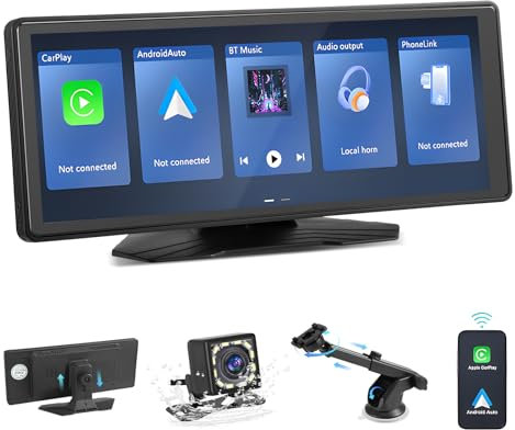 Wireless Car Stereo for Apple Carplay & Android Auto, 10.26 Portable Touchscreen Car Audio Receiver with 1080P Rear Camera, Bluetooth 5.0, Voice Control, Mirror Link, GPS Navigation, FM, AUX