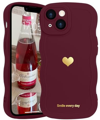 LAPOPNUT for iPhone 13 Case,Cute Curly Wave Frame Love Heart Phone Case for Girls Women,Soft Silicone TPU Bumper Shockproof Camera Protective Cover for iPhone 13 6.1 inch,Wine Red