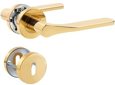 SORWDUERM Juego de manillas oro PVD, acero inoxidable mate, para puerta de entrada e interior, función BB, forma de L, rosetón redondo.