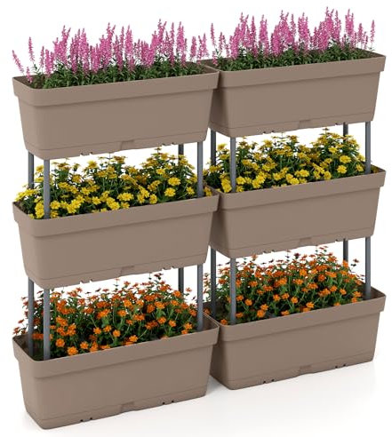 HOMASIS Set di 6 Vasi per Fiori, Fioriera Verticale da Esterno con Sistema di Drenaggio, Combinazione Libera, Aiuola Rialzata da Giardino in PP per Frutta, Erba, Vegetale (Grigio)