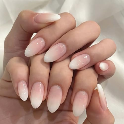 Ombre False Nails - 24pcs Almond Press on Nails - Nude White Fake nails with Glue - Medium Stick on Nails - Full Cover Glue on nails for Women - 12 Sizes Acrylic Nail Tips Long Lasting & Reusable