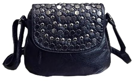 PPQIRU Schwarze Damen Clutch mit Nieten, Leder, for Partys, kleine Schultertasche, Abendtasche, Messengerbag