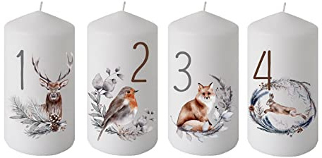 wolga-kreativ moderne bedruckte Adventskerzen Kerzen mit Zahlen Hirsch Wald Fuchs Hase Stumpenkerze-n Adventsset als Geschenk oder für eigenen Adventskranz