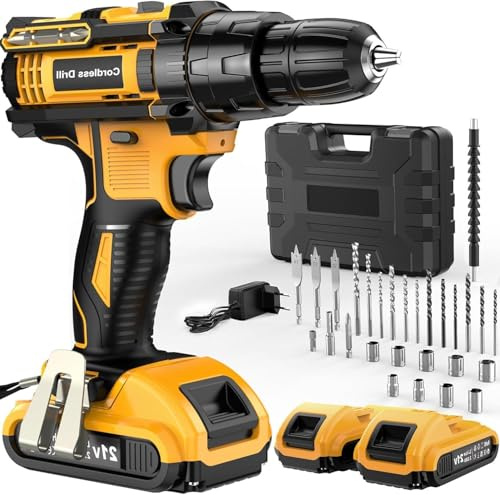 DYJPOW Cordless Drill Driver 21V, Cordless Hammer Drill with 2 Batteries 2500mAh, 21+3 Torque, 30PCS Drill Bits, 45N.m Max, LED Light for Home and Garden DIY Project