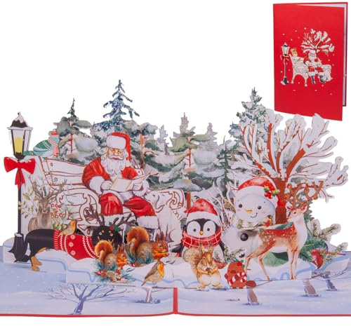 LINPOPUP® Weihnachtskarte 3D – Handgemachte Pop-Up Karte mit Weihnachtsmotiv – Grußkarte mit Umschlag – Geschenkidee zu Weihnachten, Weihnachtsmann Nikolaus Rentier Hund Katze im Park (N461)