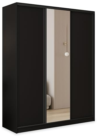 Masseno Schwebetürenschrank TARI 150/205/58 cm Kleiderschrank mit 4 Schubladen Schlafzimmer Schiebetürenschrank 3-türig mit Spiegel Schwarz
