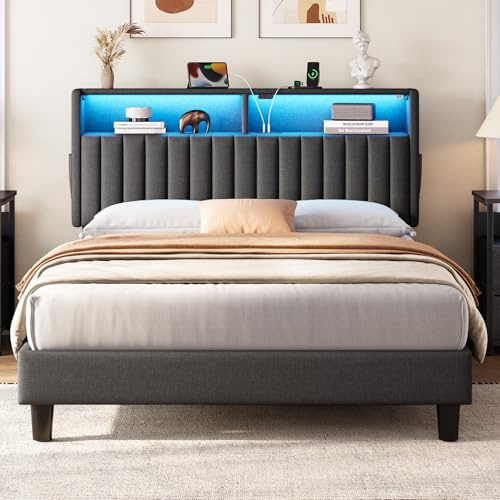 Rolanstar Bett mit LED 90x200 cm, Bettgestell mit Ladestation (2 USB & 1 Type-C), Polsterkopf mit Doppelstöckiges Regal & 2 Seitentaschen, Metallbett für Schlafzimmer, Gästezimmer