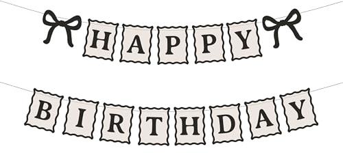 Happy Birthday Girlande 100cm - Banner Deko - Geburtstagsgirlande für Kindergeburtstag Geburtstag - Papiergirlande Geburtstagsdeko & Partyzubehör - Creme Schwarz