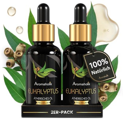 Eukalyptusöl BIO 60ml (2x30) Ätherisches Öl 100% natürlich – für Diffuser & Vernebler – Eucalyptus Essential Oils aus Indien für Sauna & Dampfbad – Aromaholik