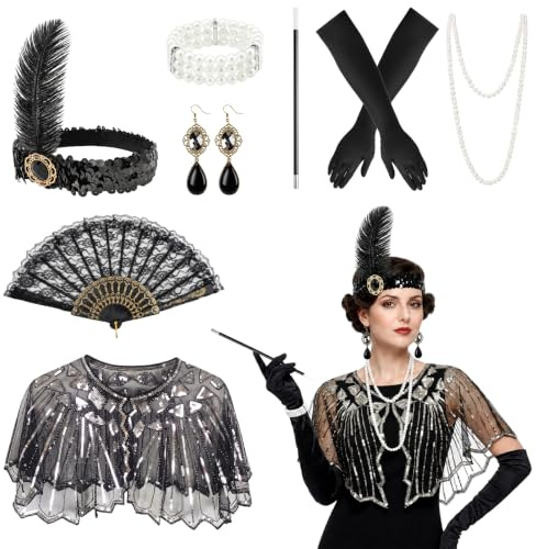 8 Stück 20er Jahre Kostüm Damen Gatsby,20er Jahre Accessoires de Charleston | Great Gatsby Accessoires Damen Set mit Stirnband Handschuhen Halskette Ohrringen Faltfächer für Karneval Halloween