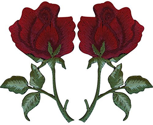 ELLU 1 Paar rote Rosen Aufnäher zum Aufnähen oder Aufbügeln, bestickte Rose, 4,5 cm breit und 7 cm hoch