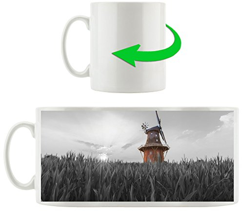 Stil.Zeit Bel Mulino a Vento sul Campo di B & W Dettagli, Tazza Motif in Bianco 300ml Ceramica, Ogni Occasione. La Tua Nuova Tazza Preferita per caffè, tè e Bevande Calde