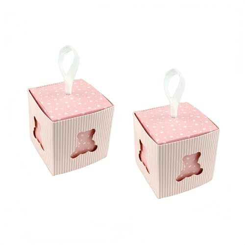 C.X.Y. 50 Scatola Cubo Portaconfetti Orsetto Cuore Cartoncino La Finestra Bomboniera Nascita Battesimo Ideale Regalo (Rosa)