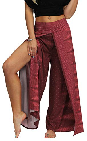 Fancy Uyee Damen-Hose, Boho-Druck, Schlitz, weites Bein, lässig, Hippie, Bohemian, Palazzo-Hose, Workout, Yogahose, Sommer, Strandhose, Braun 008, S/M