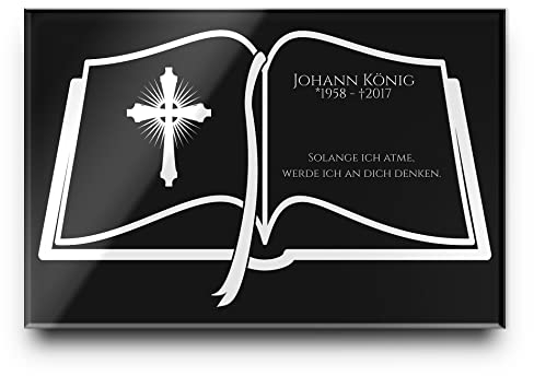 CHRISCK design Gedenkstein Grabstein aus Hochglanz Acrylglas Grabplatte Buch mit Gravur ab 30x20 cm Gedenktafel für Menschen personalisiert Gedenkplatte Grabschmuck schwarz Andenken wetterfest