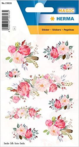 HERMA 15616 Aufkleber Pfingstrosen klein groß, 9 Stück, Blumen Sticker aus Seide Stoff mit rosa pink Rosen Pflanzen Motiv, Kinder Etiketten für Fotoalbum Tagebuch Poesiealbum Scrapbooking Deko Briefe