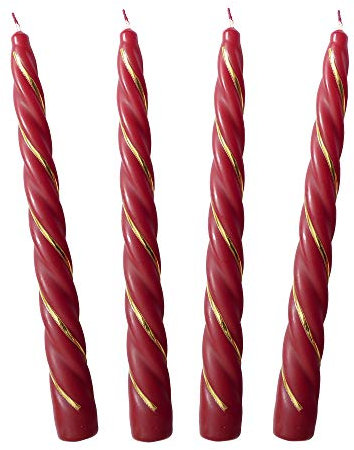Auswahl Farbe + Menge - gold verzierte Spiralkerze Spitzkerze Stabkerze Renaissancekerze Tafelkerze Leuchterkerze ca. Ø 22 x 220 mm gedreht hier: 4 Kerzen burgund/dunkelrot (matt) / gold