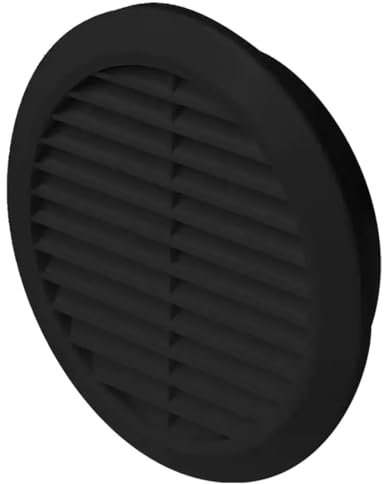 Black Louvred Wall Vent Grille with Flyscreen for Ø 125 mm / 5 Round Wall Outlet - Air Ventilation Duct Cover with Anti-Insect Mesh and Rear Spigot, Tough and Durable ABS Plastic
