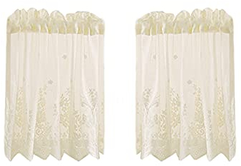 Betos Küchen-Vorhänge, Voile Kurzstore Vintage Kaffee Bistrogardine Vorhang Spitze Scheibengardine Kurzgardine Landhausstil halbtransparente Gardine, Beige 74 * 90cm x 2Stück