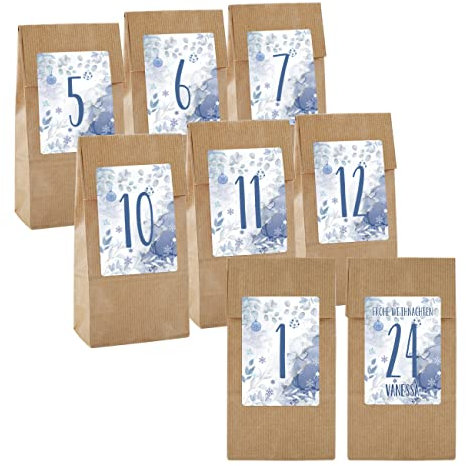 Herz & Heim® DIY Adventskalender Watercolor 24 Aufkleber, 24 Papiertüten